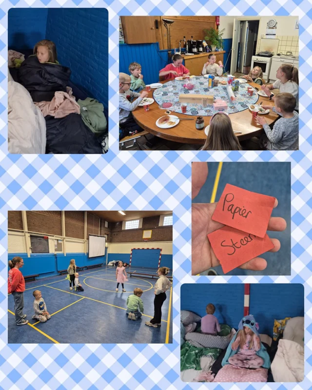 Hallo allemaal,

Vandaag was helaas al weer de laatste dag van ons weekendkamp 😢 Wat ging dat snel! We begonnen de dag met het opstaan uit bed, klaarmaken + aankleden en alvast inpakken van de spullen. Daarna heerlijk ontbeten 😋 

Na het eten hebben we kleine (kring)spelletjes gedaan. Ook hebben we levend Stratego gespeeld (de steen-papier-schaar versie) 🪨📃✂️

Verder hebben we ook lekker gevoetbald en blokjesvoetbal gedaan. Een spelletje verstoppertje door het gebouw mocht ook niet ontbreken! Als afsluiter hebben nog even een mooie tekening gemaakt voor mama en papa 😁 

Dit was het weekendkamp 2025 van de Minioren. We hebben een onzettend leuk weekend gehad met jullie ❤️🙏🏼 Dank aan de ouders voor het brengen en weer ophalen van de kids 😉

Tot dinsdag weer! Groetjes de Minioren 👋🏼